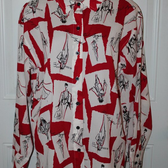 Karl Lagerfeld Paris Womens Size XS Red White Fashionista Printed L/S Button Top - Picture 4 of 9